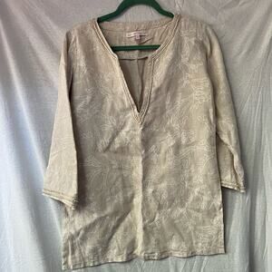 Barbara Gerwit Tan/White Linen Coral Pattern 3/4 Sleeve Tunic Top